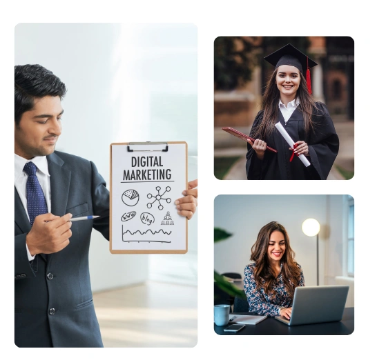Graduates in gowns, holding a laptop, vibrantly represent the success in digital marketing training