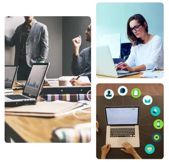 People focused on their laptops create a vibrant collage of teamwork in a digital marketing course.